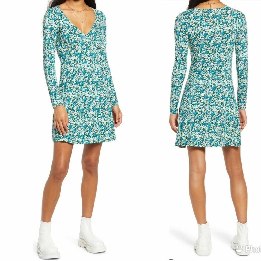 NWT Nordstrom BP Green Floral Knit Dress Long Sleeve V neck Sheath Size M